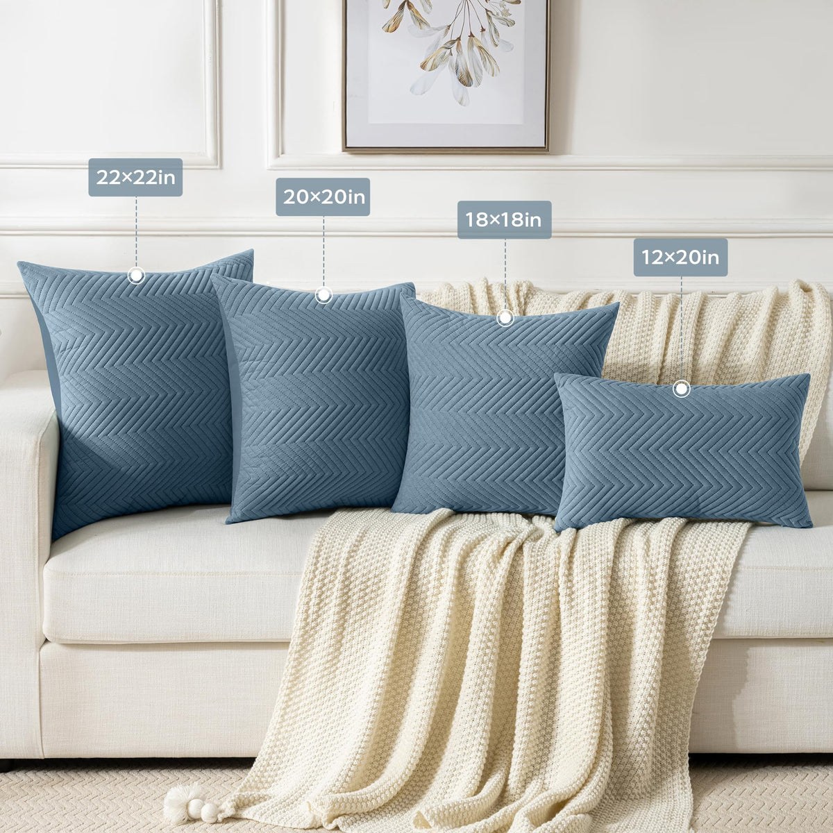 JELLYMONI Throw Pillow Covers 12”x20” Set of 2 Decorative Pillow Cases Blue Lumbar with Zipper Cushion Cover Polyester Quilted Solid Soft Home Decor for Bed Sofa Couch Living Room (NO Insert)