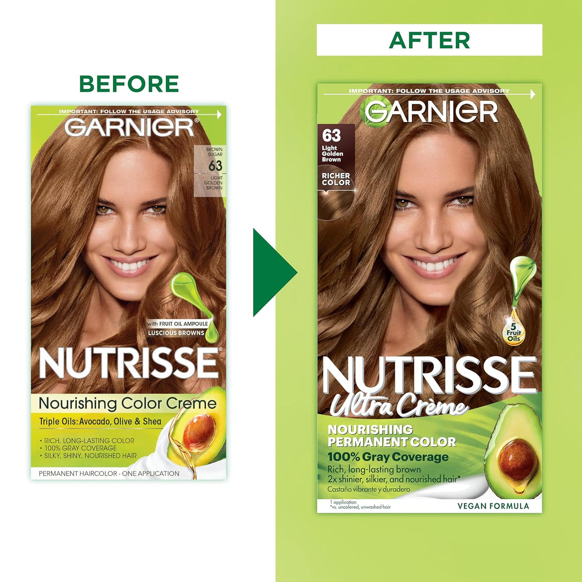 Garnier Hair Color Nutrisse Nourishing Creme, 63 Light Golden Brown (Brown Sugar) Permanent Hair Dye, 2 Count (Packaging May Vary)
