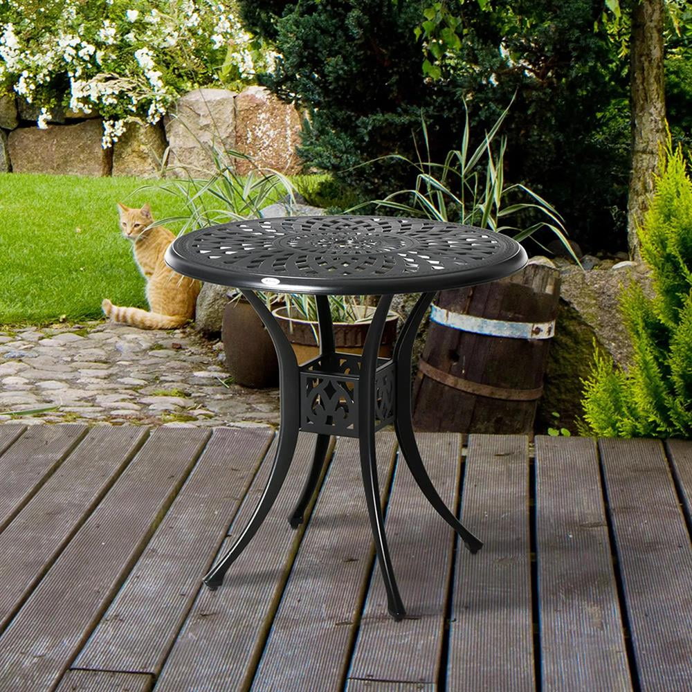 Topcobe 30" Round Patio Dining Table with Umbrella Hole, Antique Cast Aluminum Outdoor Bistro Table Only, Modern Furniture for Outdoor, Black