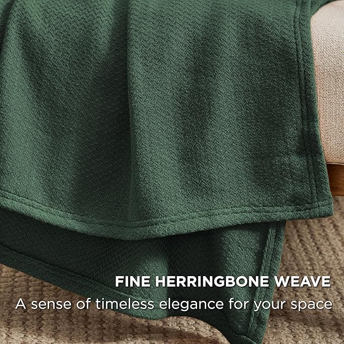 Bedsure 100% Cotton Blanket King Size for Bed - Breathable and Lightweight, Soft Cozy Textured Herringbone Woven Blanket for Summer Spring, Dark Green, 108x90 inches