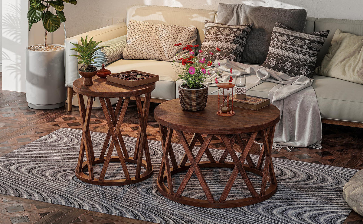 COZAYH Rustic Farmhouse Coffee Table, Round Coffee Table with X-Motifs Legs, Wood Textured Top, for Boho, French Country Decor, Brown