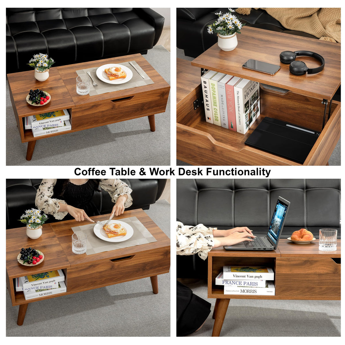 VICTORY RELAX Lift-Top Coffee Table with Hidden Storage and 2 Open Cubbies, Coffee Table with Storage for Living Room, Center Table for Living Room, Designed for Workspace and Relaxation (Natural)
