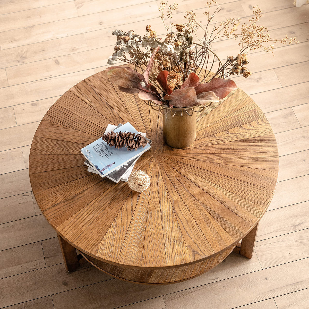 DS-HOMEPORT Wood Round Coffee Table for Living Room, 2 Tier Circle Coffee Table with Storage, Rustic Natural Coffee Table for Apartment, Easy Assembly (Espresso,35" Dx35 Wx18 H)
