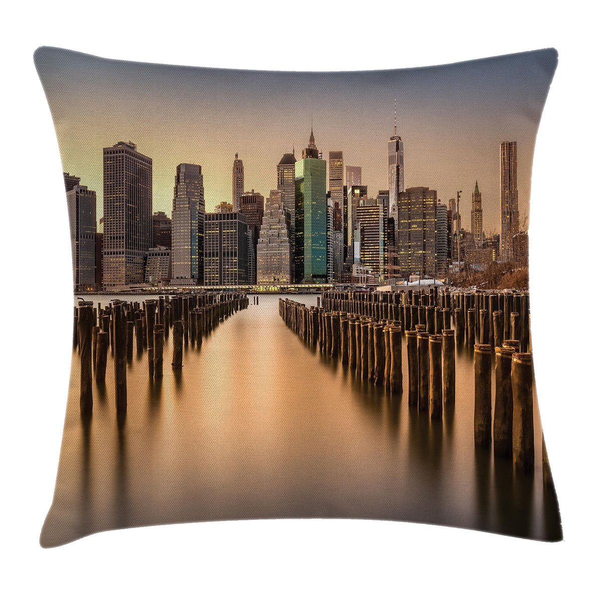 Ambesonne New York Throw Pillow Cushion Cover, Long Exposure of The Manhattan Skyline and Brooklyn Pier Urban Modern Life in NYC, Decorative Square Accent Pillow Case, 18" X 18", Pastel Yellow
