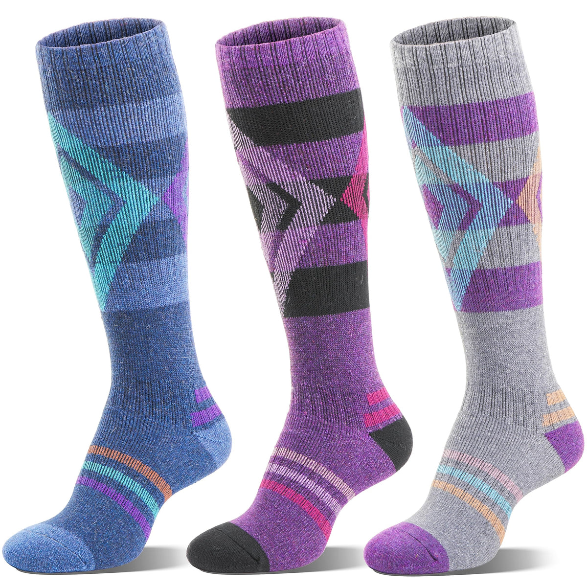 Welwoos Merino Wool Ski Socks for Womens Mens Thermal Winter Warm Thick Knee High Gift Sock Stocking Stuffers for Skiing Outdoor Sports Snowboarding 3 Pairs (Blue/Purple/Grey B,M)