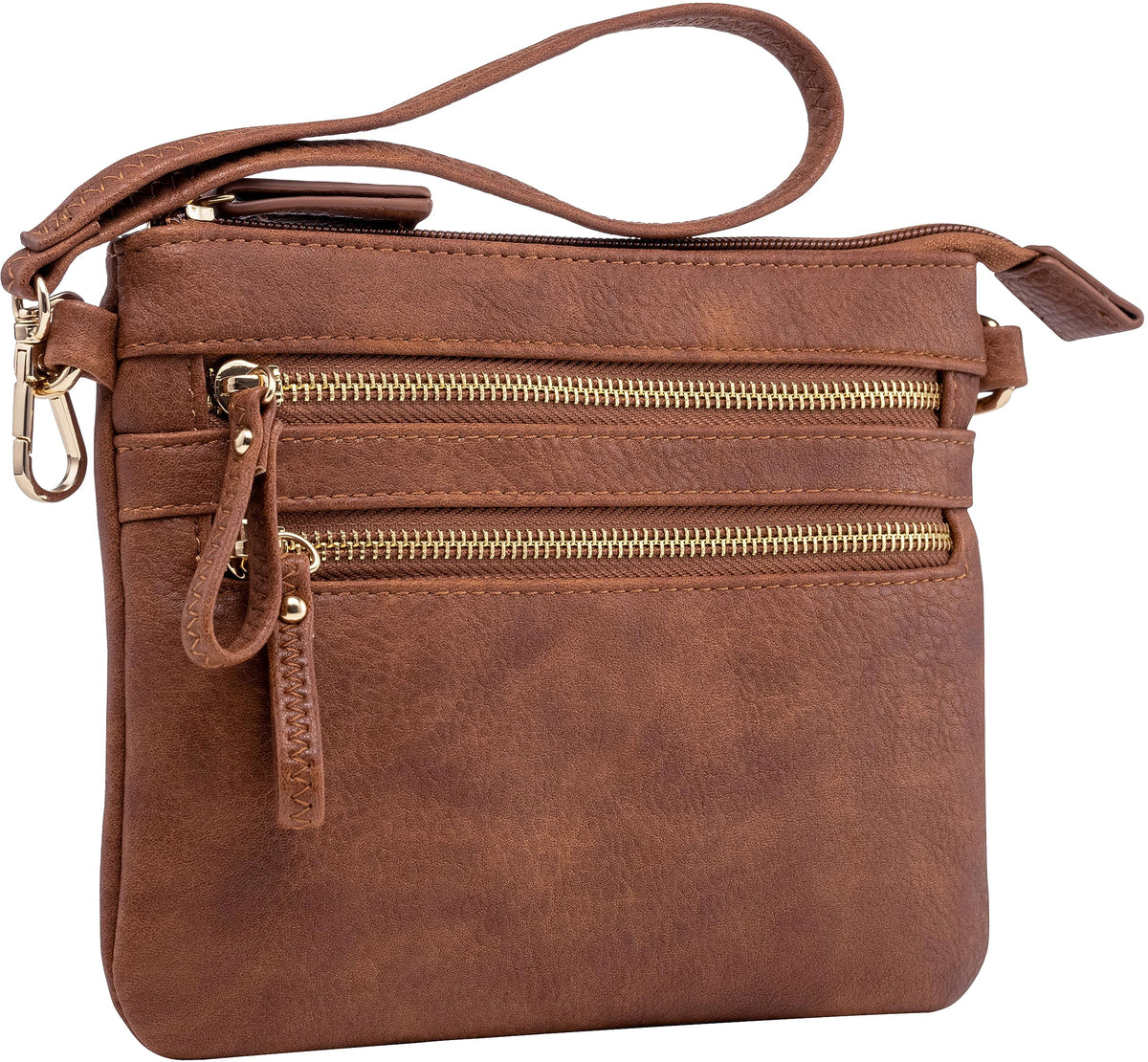 B BRENTANO Vegan Mini Multi-Zipper Crossbody Handbag Purse with Removable Wristlet & Adjustable Shoulder Strap (Brown NN)