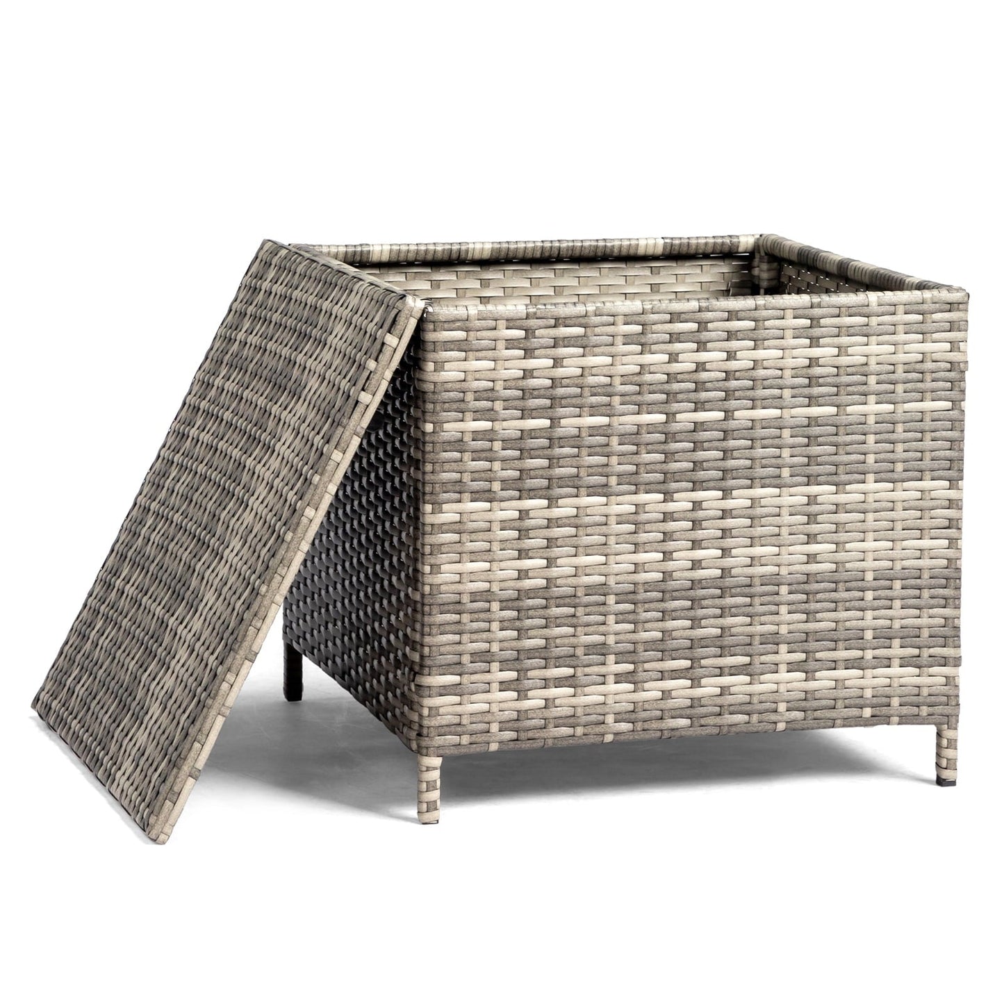 BAYUELSWU Outdoor Side Table with Storage, 27 Gallon Wicker Outdoor Side Table, Rattan Coffee Table All-Weather for Patio, Porch, Lawn (Grey)