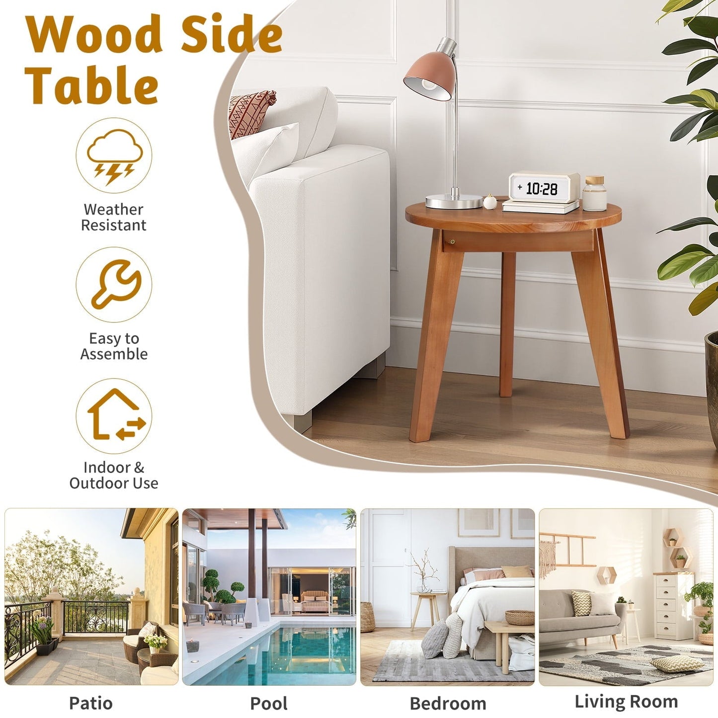 Ktaxon 15.7" Outdoor Wood Side Table, Small Round Coffee End Table, Weather Resistant Table for Indoor Outdoor Balcony Lawn Pool, Teak