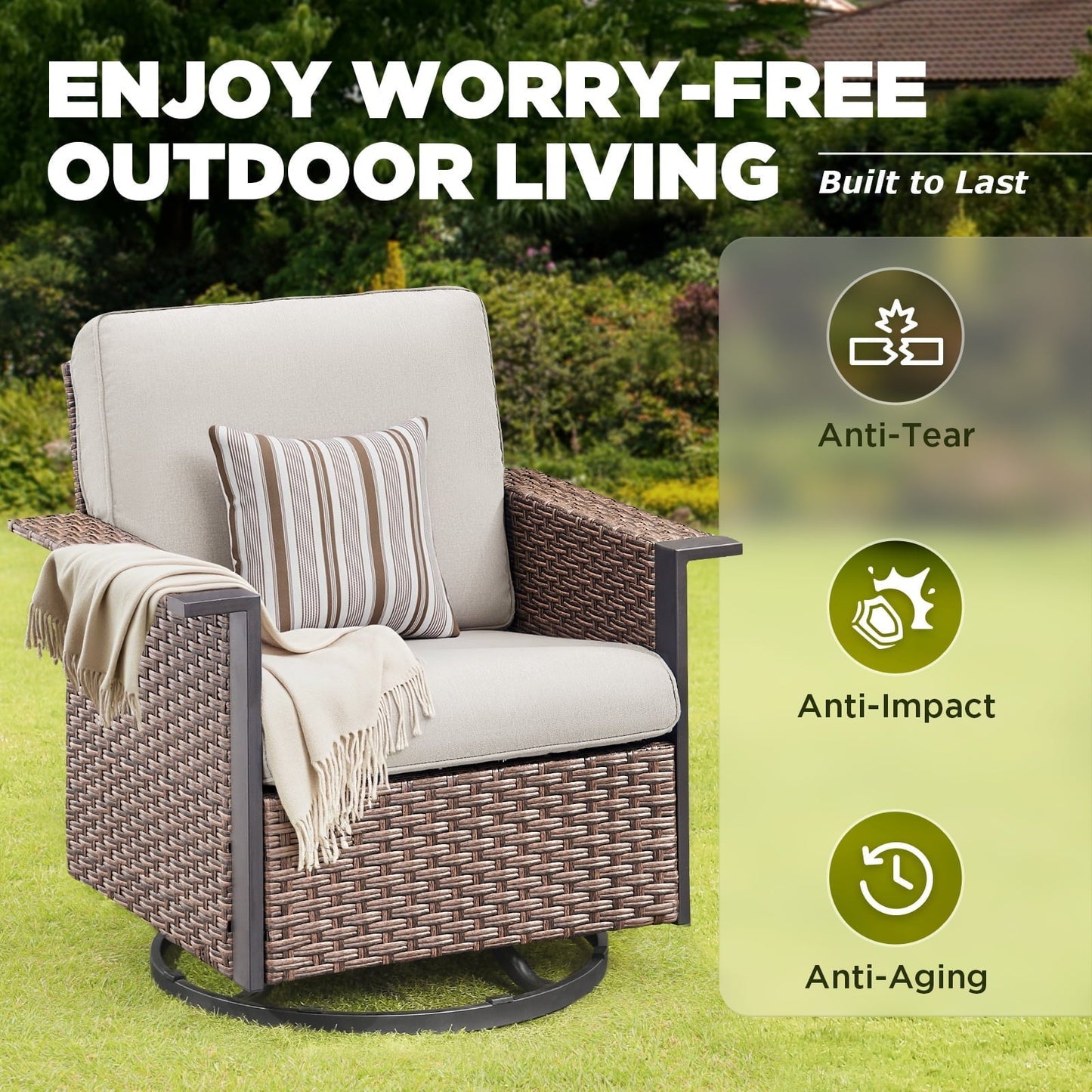 Lumiinofami 6 Pieces Outdoor Patio Conversation Furniture Set - 2 Outdoor Sofa, 2 Wicker Swivel Rocking Glider Chairs and 2 Ottomans, for Garden, Balcony, Porch, Beige