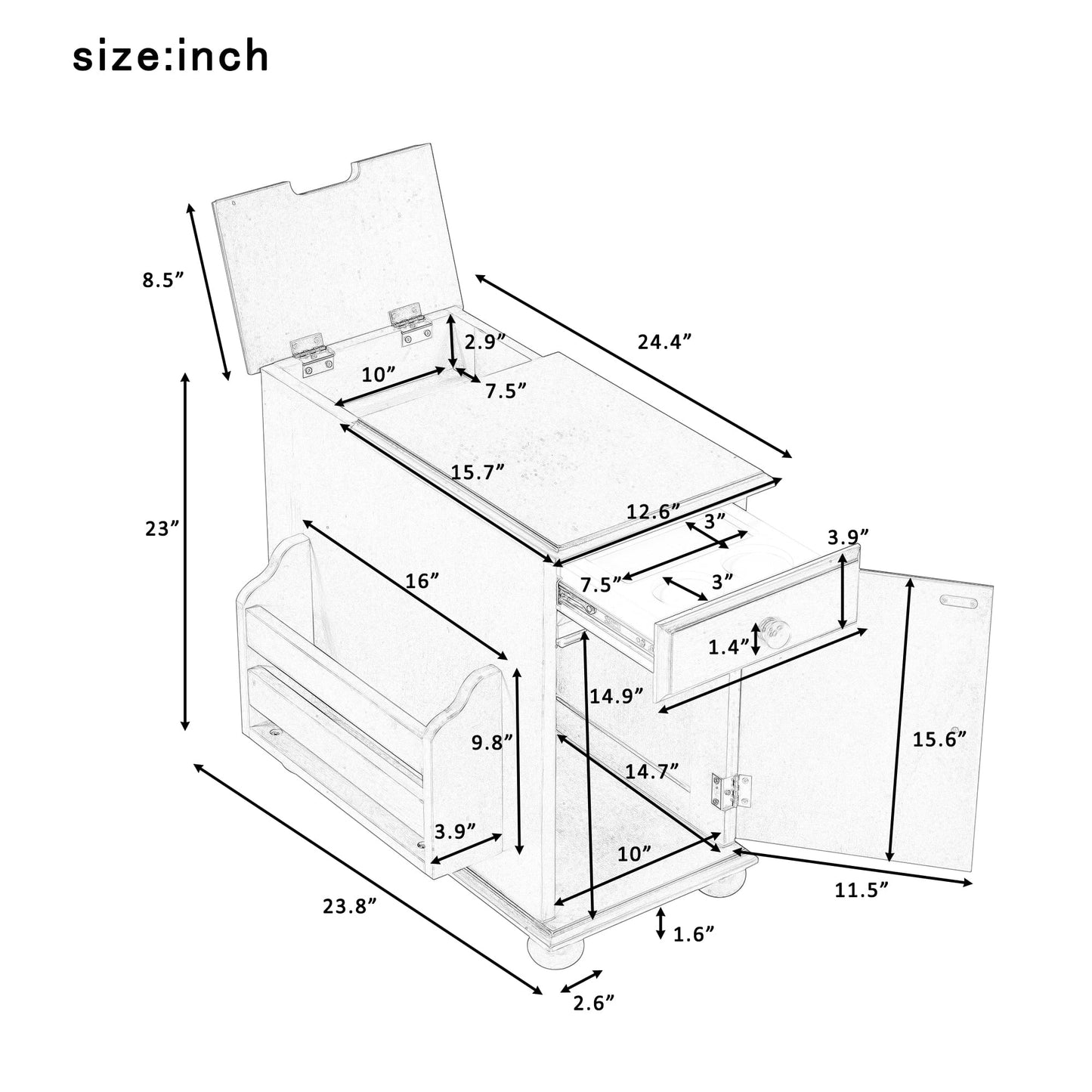 U-Can Vintage End Table Flip Top Side Table with USB Ports, One Multifunctional Drawer with Cup Holders, Sofa Couch Table with Bookshelf for Living Room and Small Space