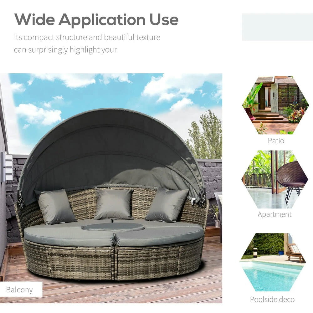 GVN Outdoor Daybed Set, Outdoor Bed Loveseat Set,4-Piece Round Convertible Daybed, Outdoor PE Rattan Patio Wicker Sofa Set with 2 Chairs, Table, 3 Pillows, Dark Gray